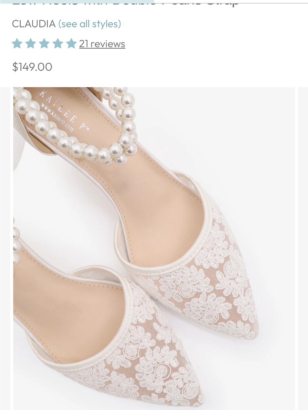 NWOT Crochet Lace Pointy Toe Wedding Kitten Low Heels with Double Pearls Strap - Picture 3 of 6